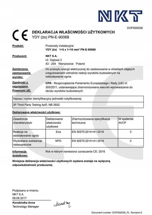 Przewód instalacyjny YDY żo NKT 4x2,5mm2 okrągły 1m