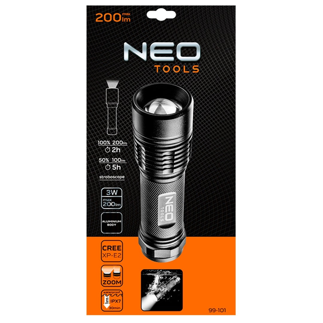 Latarka LED aluminiowa kieszonkowa 200 lm, ZOOM, IPX7, 3XAAA
