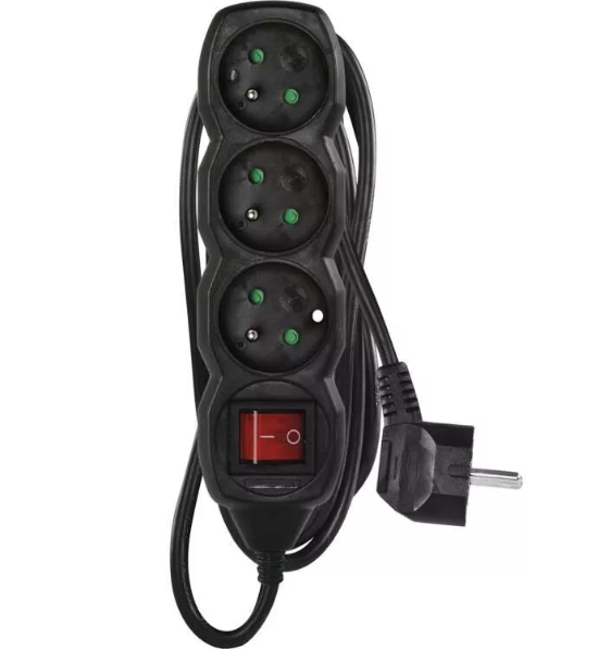 Extension cord 3 sockets 1.5m black WITH PROTECTION, SWITCH