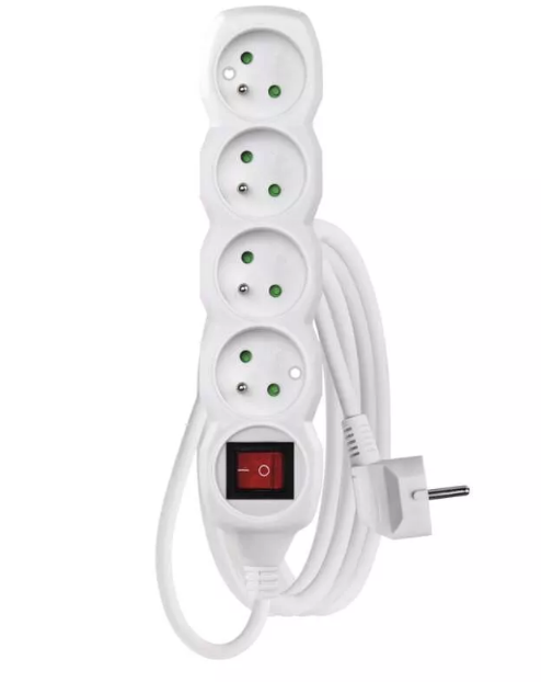Extension cord, 4 sockets, 3m, white WITH PROTECTION, SWITCH