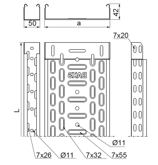 Perforated metal cable tray 150/42 BAKS 2m