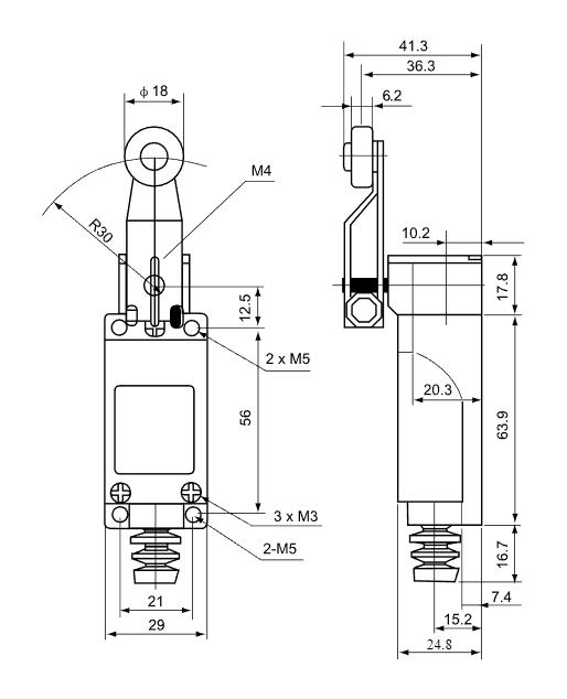 Limit switch with adjustable lever and roller 8104 NO NC