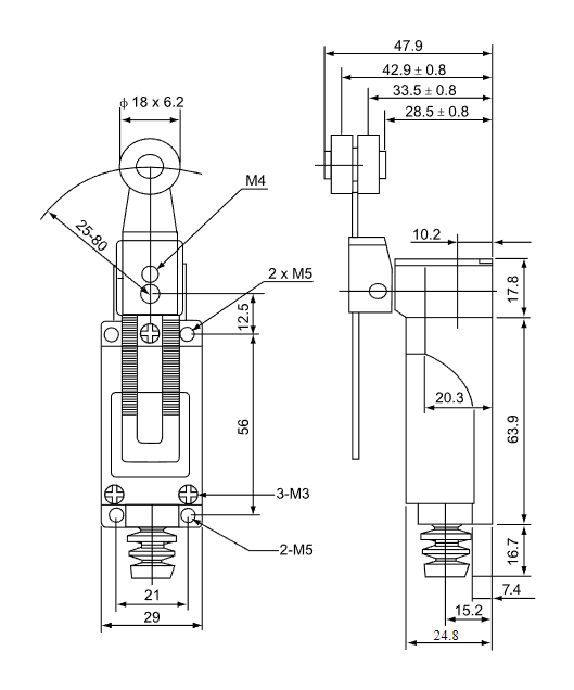 Limit switch with long adjustable lever and roller 8108 NO NC