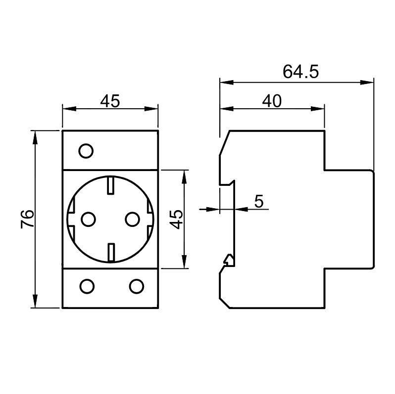 230VAC socket for DIN rail 16A 2P+Z