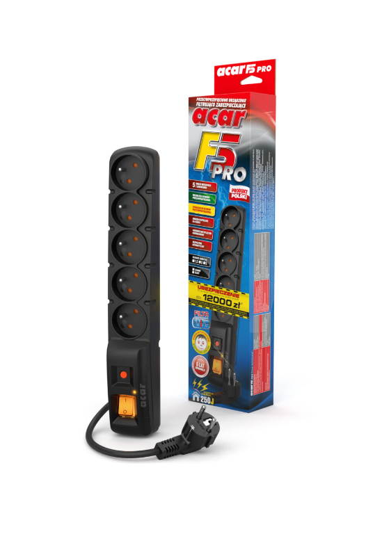 Surge protector with 5 sockets ACAR F5, 3m, black