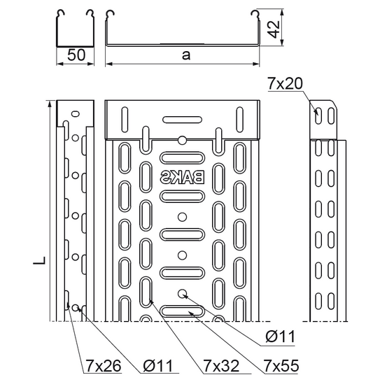 Perforated metal cable tray 150/42 BAKS 2m 
