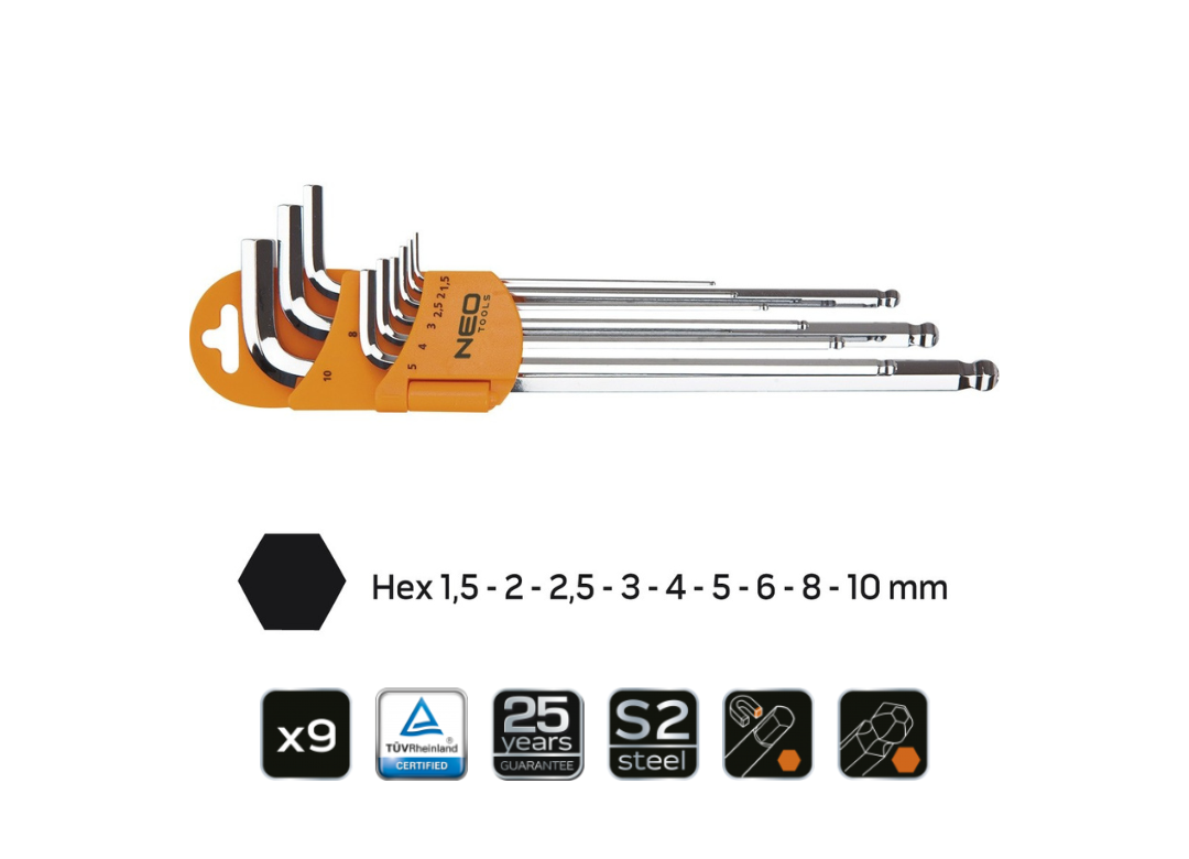 Hexagonal wrenches 1.5 - 10 mm, set of 9 pcs