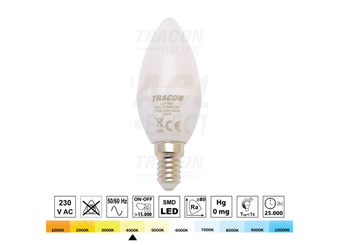 Żarówka LED świeczka 230V 7W E14 4000K 600lm TRACON