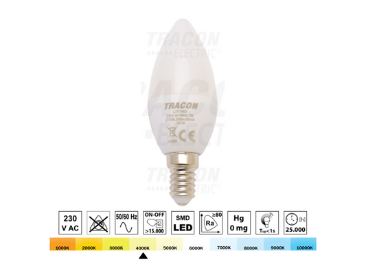 Żarówka LED świeczka 230V 7W E14 4000K 600lm TRACON